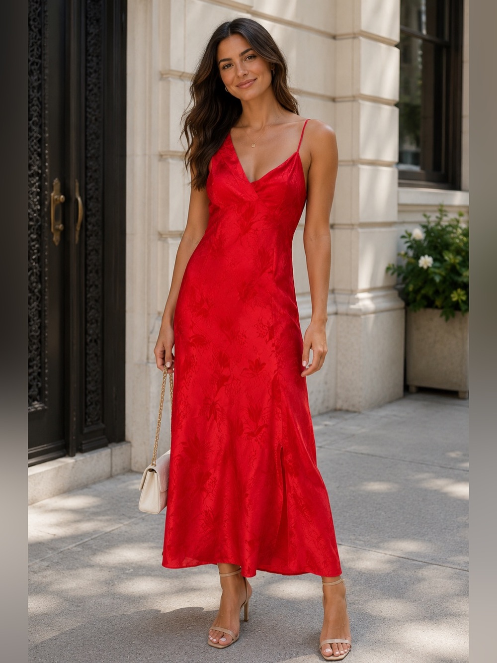 NWT For Love & Lemons XL Red Floral Jacquard One Shoulder Midi Dress
